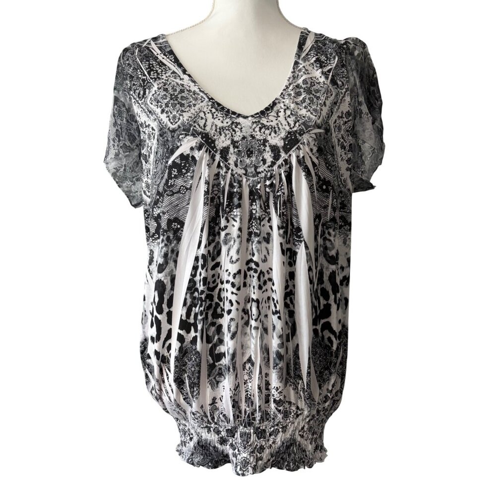 Apt. 9 Black/White Animal Print Boho Short Sleeve Blouse Top Chic Flowy Shirt1X